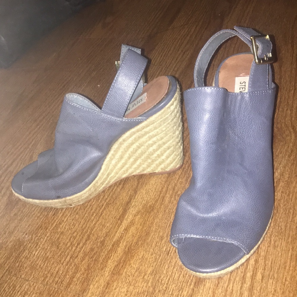 Grey faux leather open toed wedges